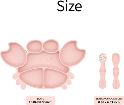 Silicone Feeding Set (3 PCs) Cove & Coast Series, Baby Plate with Suction Cup, Training Spoon and Fork, BLW Utensils for Toddler Kid, BPA-Free, Microwave/Dishwasher Safe - Pink Sea Star