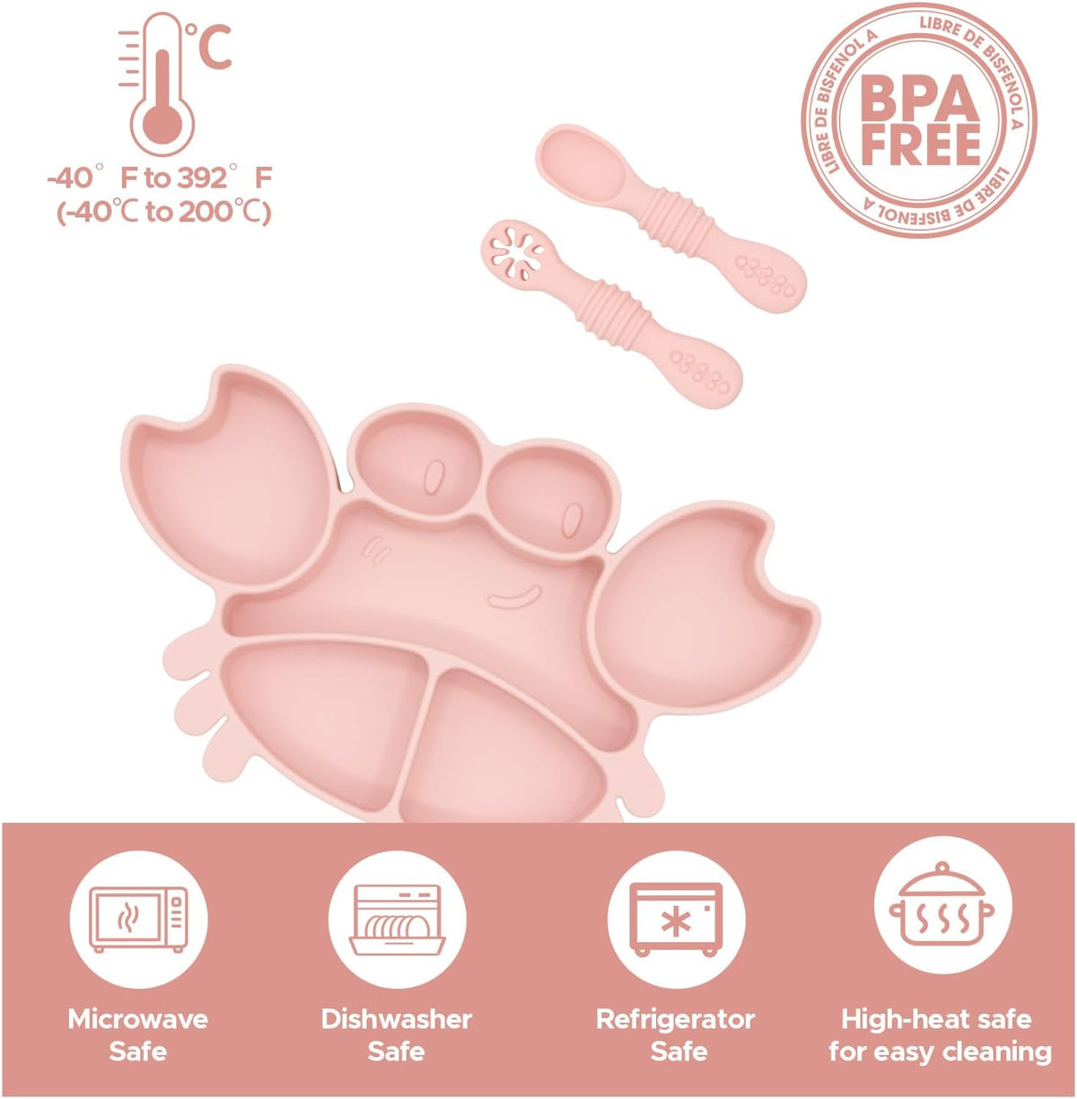 Silicone Feeding Set (3 PCs) Cove & Coast Series, Baby Plate with Suction Cup, Training Spoon and Fork, BLW Utensils for Toddler Kid, BPA-Free, Microwave/Dishwasher Safe - Pink Sea Star