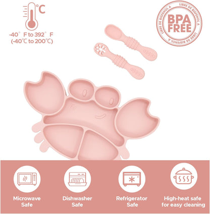 Silicone Feeding Set (3 PCs) Cove & Coast Series, Baby Plate with Suction Cup, Training Spoon and Fork, BLW Utensils for Toddler Kid, BPA-Free, Microwave/Dishwasher Safe - Pink Sea Star