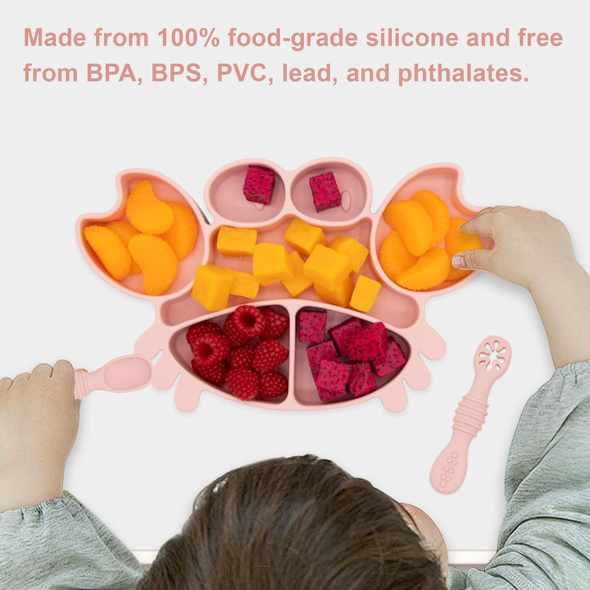 Silicone Feeding Set (3 PCs) Cove & Coast Series, Baby Plate with Suction Cup, Training Spoon and Fork, BLW Utensils for Toddler Kid, BPA-Free, Microwave/Dishwasher Safe - Pink Sea Star