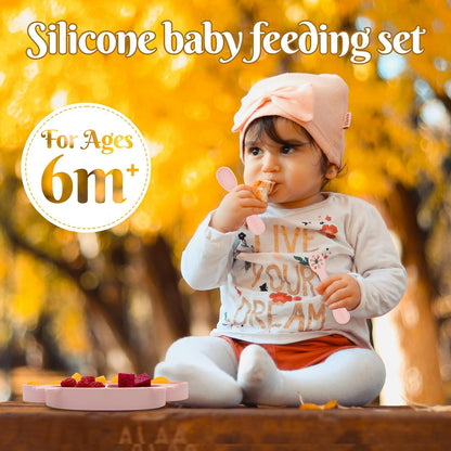 Silicone Feeding Set (3 PCs) Cove & Coast Series, Baby Plate with Suction Cup, Training Spoon and Fork, BLW Utensils for Toddler Kid, BPA-Free, Microwave/Dishwasher Safe - Pink Sea Star