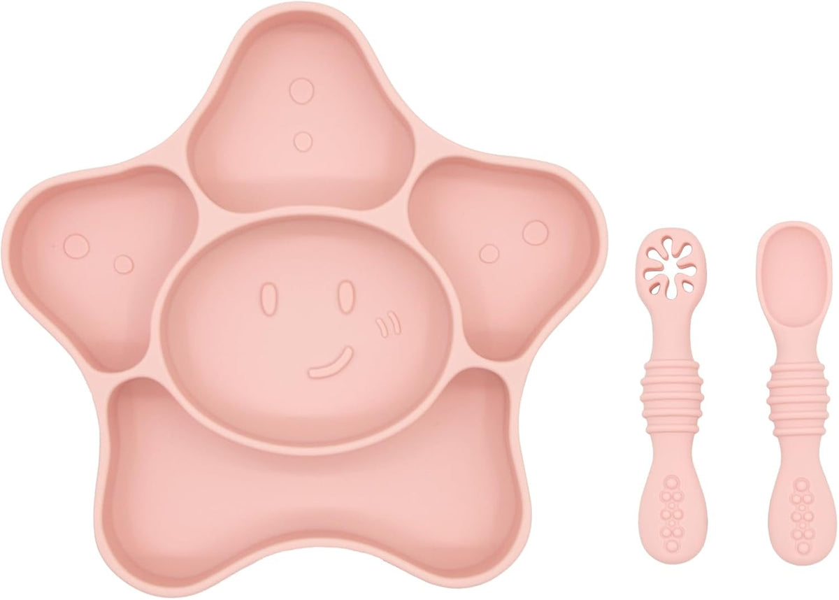 Silicone Feeding Set (3 PCs) Cove & Coast Series, Baby Plate with Suction Cup, Training Spoon and Fork, BLW Utensils for Toddler Kid, BPA-Free, Microwave/Dishwasher Safe - Pink Sea Star
