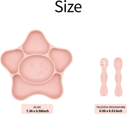 Silicone Feeding Set (3 PCs) Cove & Coast Series, Baby Plate with Suction Cup, Training Spoon and Fork, BLW Utensils for Toddler Kid, BPA-Free, Microwave/Dishwasher Safe - Pink Sea Star