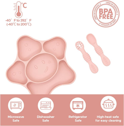 Silicone Feeding Set (3 PCs) Cove & Coast Series, Baby Plate with Suction Cup, Training Spoon and Fork, BLW Utensils for Toddler Kid, BPA-Free, Microwave/Dishwasher Safe - Pink Sea Star