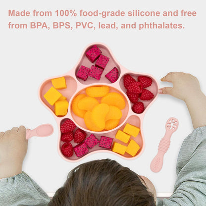 Silicone Feeding Set (3 PCs) Cove & Coast Series, Baby Plate with Suction Cup, Training Spoon and Fork, BLW Utensils for Toddler Kid, BPA-Free, Microwave/Dishwasher Safe - Pink Sea Star