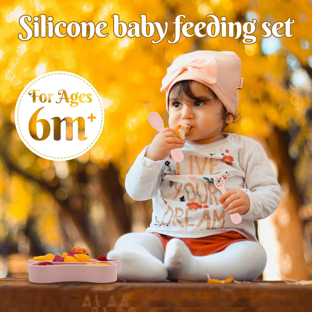 Silicone Feeding Set (3 PCs) Cove & Coast Series, Baby Plate with Suction Cup, Training Spoon and Fork, BLW Utensils for Toddler Kid, BPA-Free, Microwave/Dishwasher Safe - Pink Sea Star
