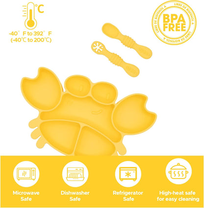Silicone Feeding Set (3 PCs) Cove & Coast Series, Baby Plate with Suction Cup, Training Spoon and Fork, BLW Utensils for Toddler Kid, BPA-Free, Microwave/Dishwasher Safe - Pink Sea Star