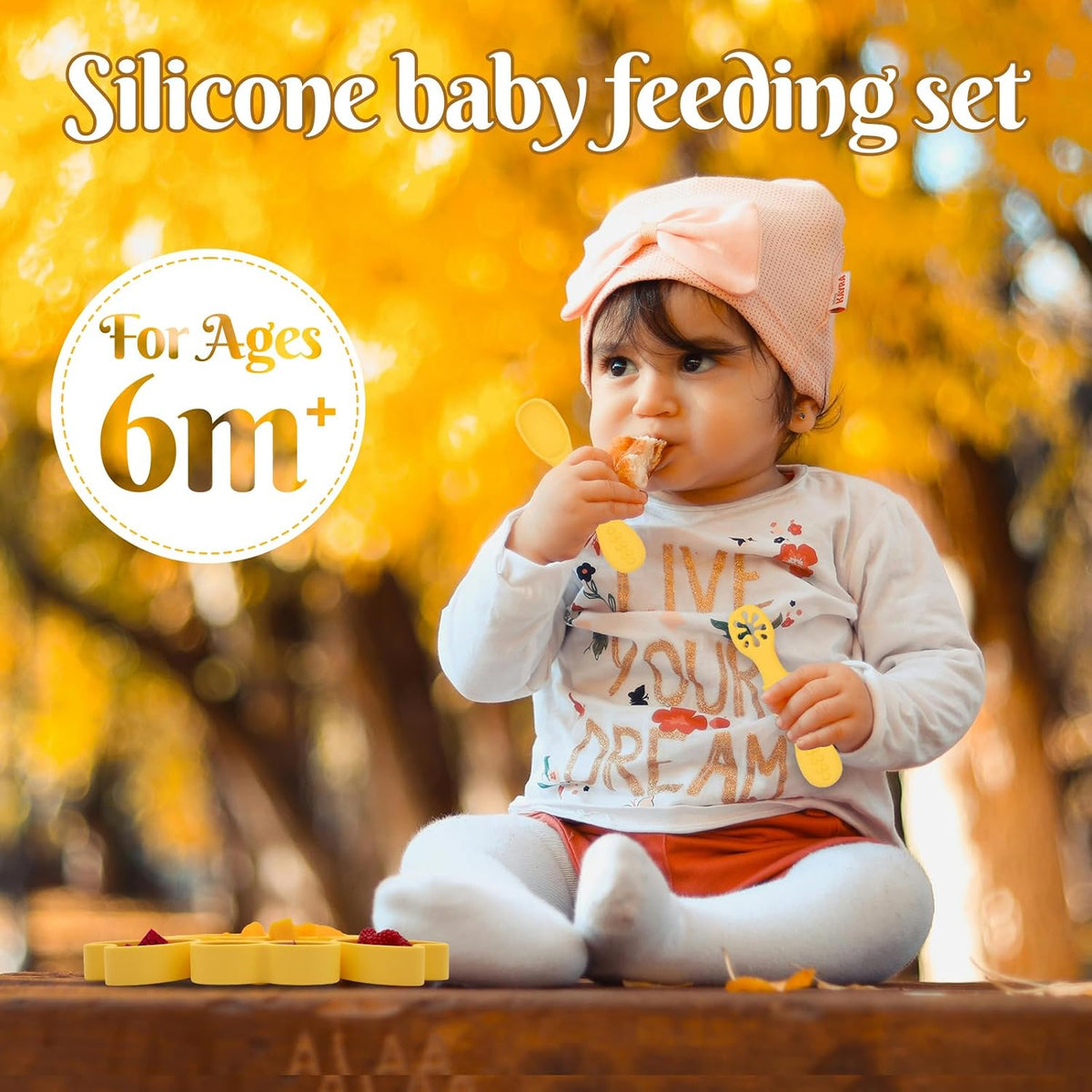 Silicone Feeding Set (3 PCs) Cove & Coast Series, Baby Plate with Suction Cup, Training Spoon and Fork, BLW Utensils for Toddler Kid, BPA-Free, Microwave/Dishwasher Safe - Pink Sea Star