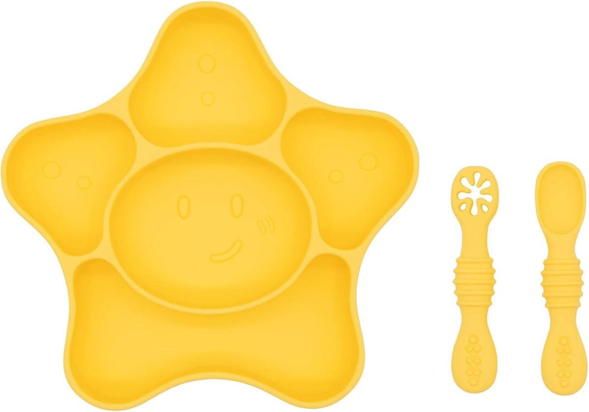 Silicone Feeding Set (3 PCs) Cove & Coast Series, Baby Plate with Suction Cup, Training Spoon and Fork, BLW Utensils for Toddler Kid, BPA-Free, Microwave/Dishwasher Safe - Pink Sea Star