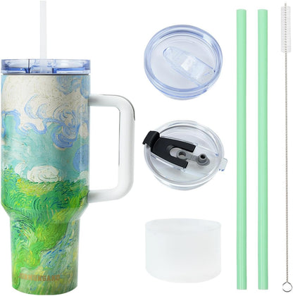 40 oz Tumbler with Handle and Straw, Vacuum Insulated Stainless Steel Cup & Water Bottle, Leakproof Lid, BPA-Free, Cup Holder Friendly for Travel, Keeps Drinks Hot & Cold White