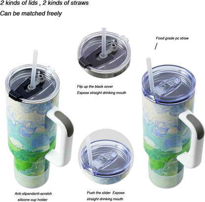 40 oz Tumbler with Handle and Straw, Vacuum Insulated Stainless Steel Cup & Water Bottle, Leakproof Lid, BPA-Free, Cup Holder Friendly for Travel, Keeps Drinks Hot & Cold White