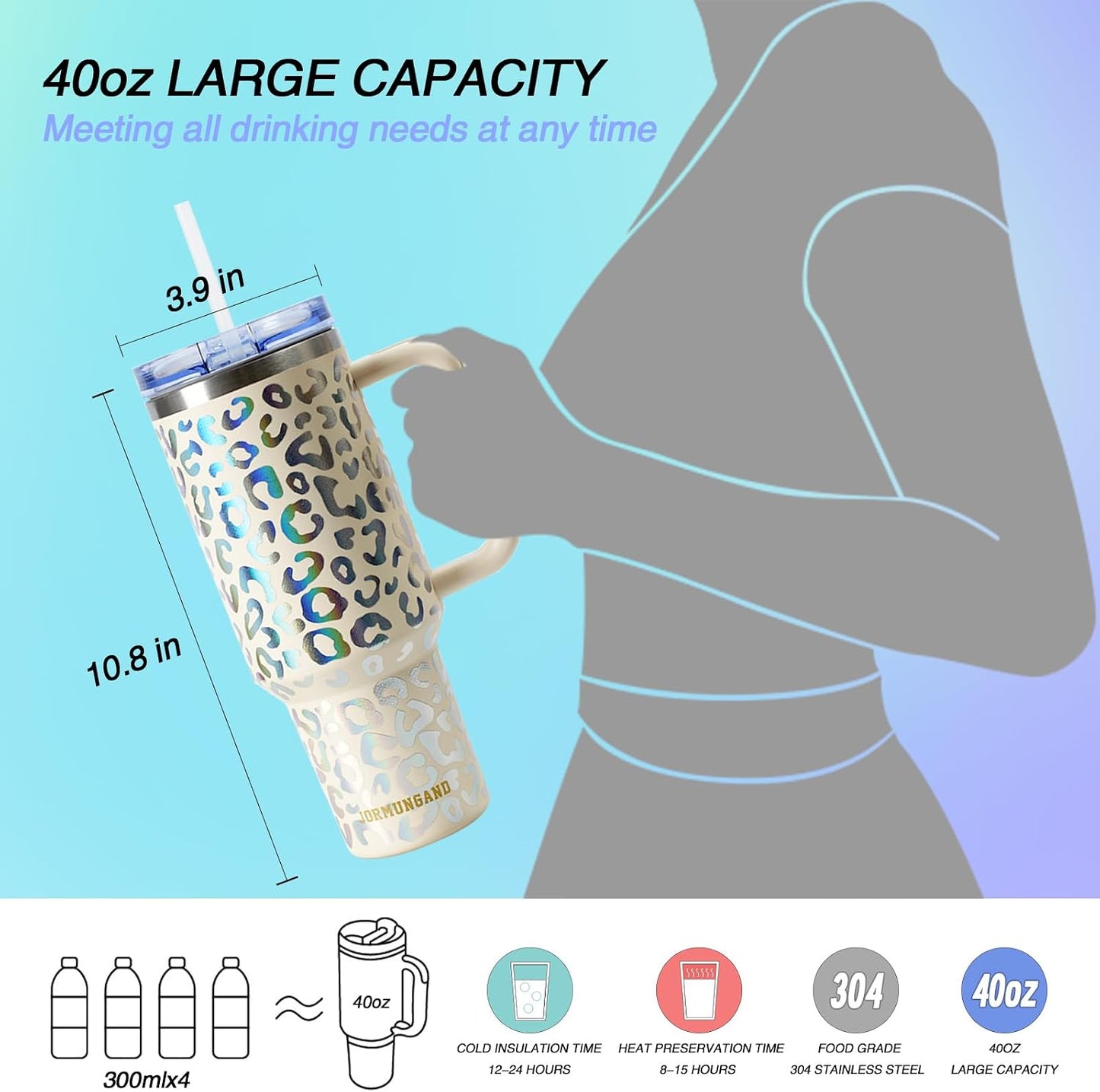40 oz Tumbler with Handle and Straw, Vacuum Insulated Stainless Steel Cup & Water Bottle, Leakproof Lid, BPA-Free, Cup Holder Friendly for Travel, Keeps Drinks Hot & Cold White