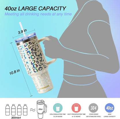 40 oz Tumbler with Handle and Straw, Vacuum Insulated Stainless Steel Cup & Water Bottle, Leakproof Lid, BPA-Free, Cup Holder Friendly for Travel, Keeps Drinks Hot & Cold White