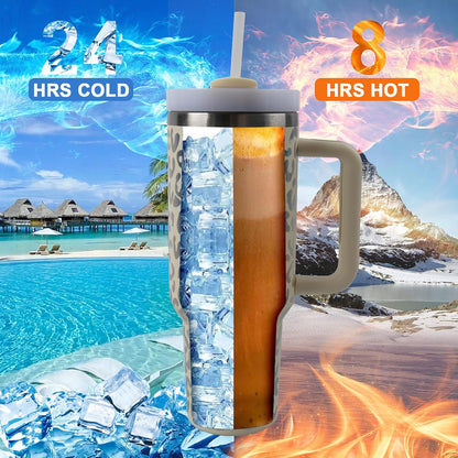 40 oz Tumbler with Handle and Straw, Vacuum Insulated Stainless Steel Cup & Water Bottle, Leakproof Lid, BPA-Free, Cup Holder Friendly for Travel, Keeps Drinks Hot & Cold White