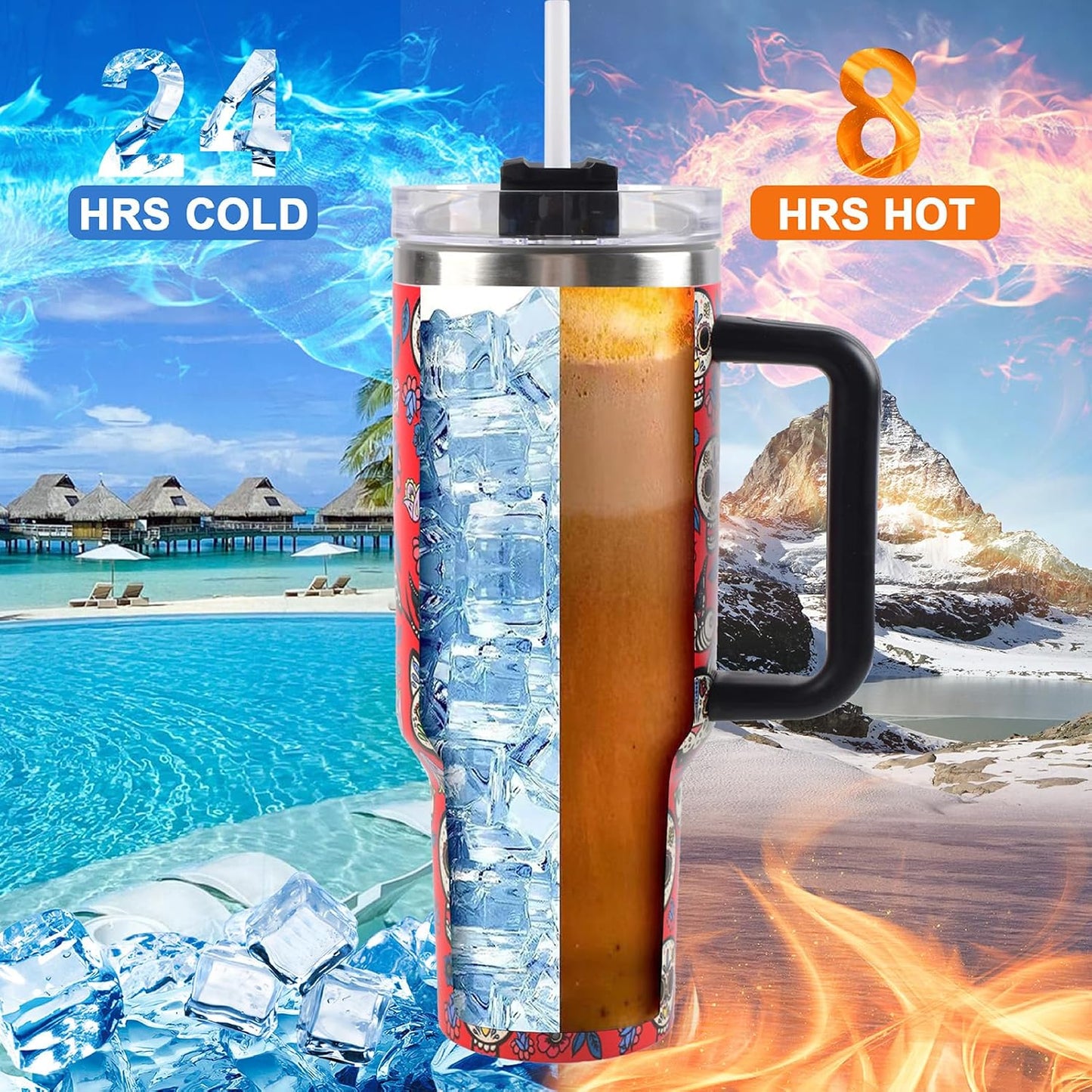 40 oz Tumbler with Handle and Straw, Vacuum Insulated Stainless Steel Cup & Water Bottle, Leakproof Lid, BPA-Free, Cup Holder Friendly for Travel, Keeps Drinks Hot & Cold White