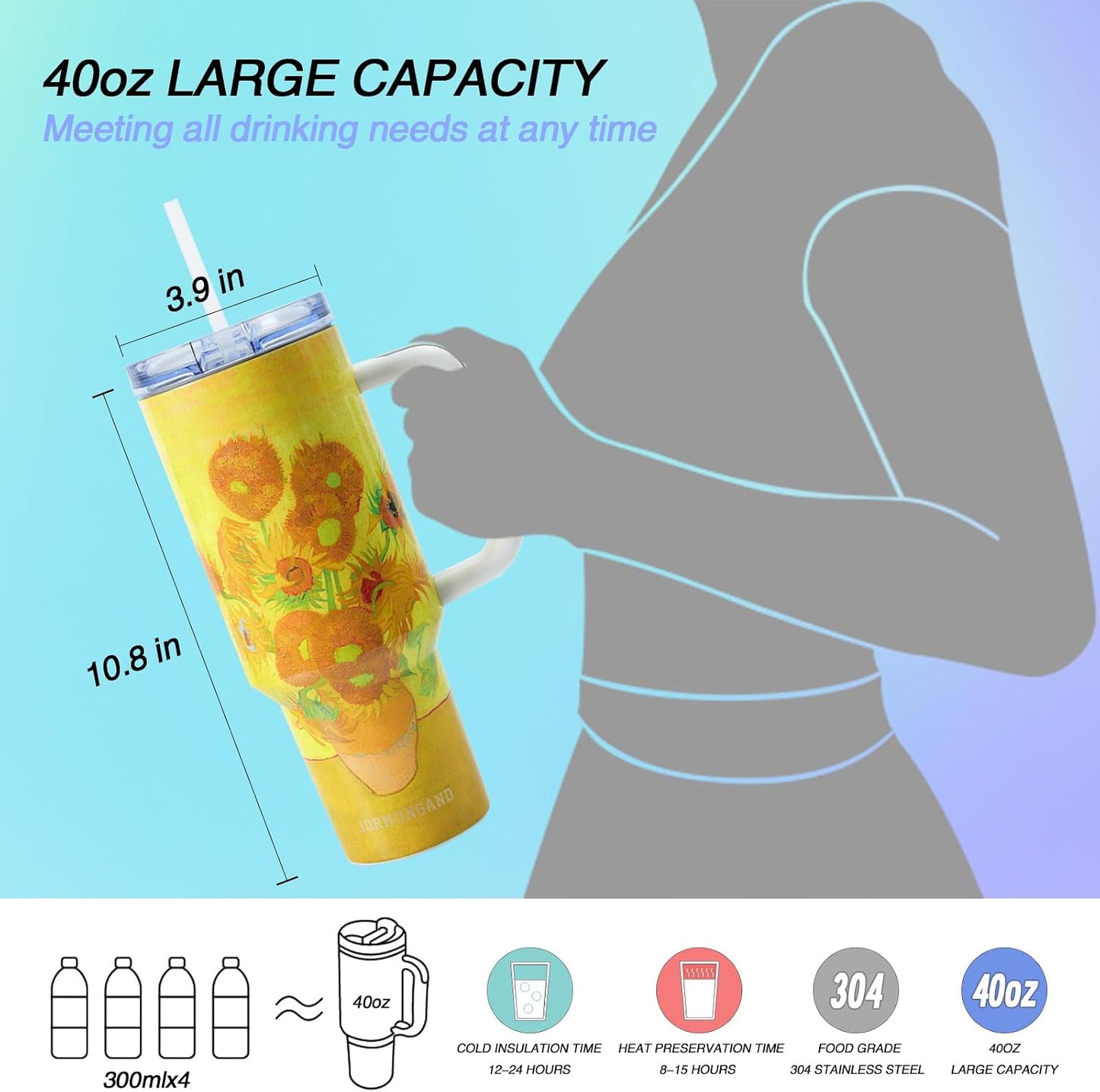 40 oz Tumbler with Handle and Straw, Vacuum Insulated Stainless Steel Cup & Water Bottle, Leakproof Lid, BPA-Free, Cup Holder Friendly for Travel, Keeps Drinks Hot & Cold White