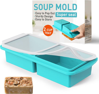 Silicone Freezer Tray With Lid Soup Freezer Container Molds with Steel Reinforced Rim Ice Cube Freezer Molds for Soup, Sauce, Leftovers, Homemade Meal Prep Containers Portion Control Food Storage