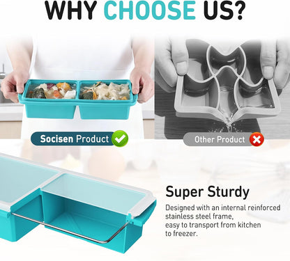 Silicone Freezer Tray With Lid Soup Freezer Container Molds with Steel Reinforced Rim Ice Cube Freezer Molds for Soup, Sauce, Leftovers, Homemade Meal Prep Containers Portion Control Food Storage
