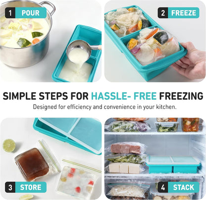 Silicone Freezer Tray With Lid Soup Freezer Container Molds with Steel Reinforced Rim Ice Cube Freezer Molds for Soup, Sauce, Leftovers, Homemade Meal Prep Containers Portion Control Food Storage