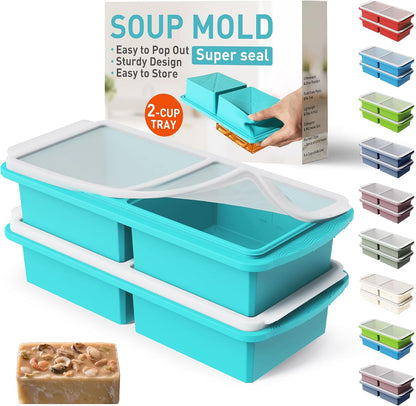 Silicone Freezer Tray With Lid Soup Freezer Container Molds with Steel Reinforced Rim Ice Cube Freezer Molds for Soup, Sauce, Leftovers, Homemade Meal Prep Containers Portion Control Food Storage