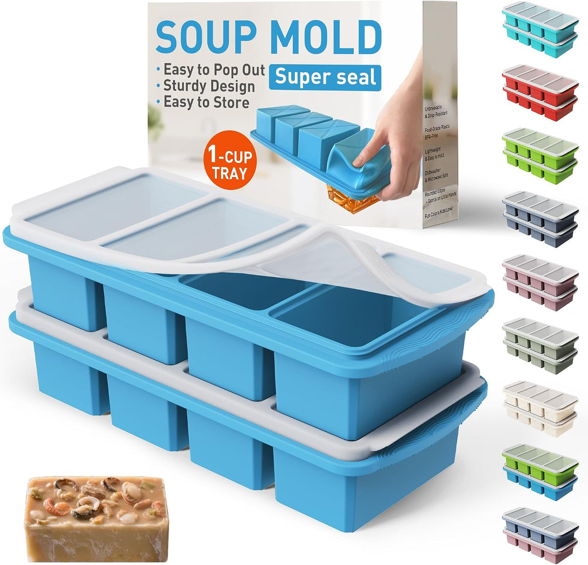 Silicone Freezer Tray With Lid Soup Freezer Container Molds with Steel Reinforced Rim Ice Cube Freezer Molds for Soup, Sauce, Leftovers, Homemade Meal Prep Containers Portion Control Food Storage
