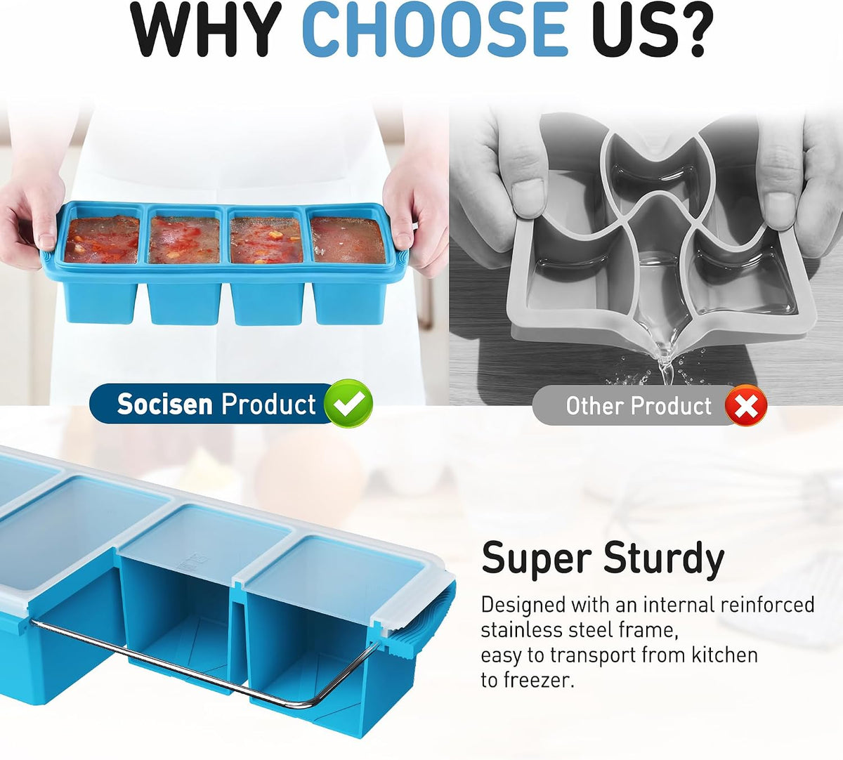 Silicone Freezer Tray With Lid Soup Freezer Container Molds with Steel Reinforced Rim Ice Cube Freezer Molds for Soup, Sauce, Leftovers, Homemade Meal Prep Containers Portion Control Food Storage