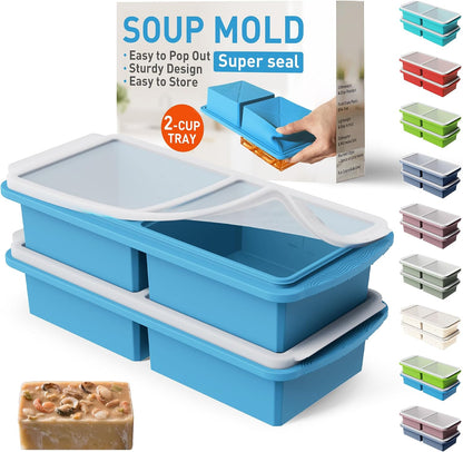 Silicone Freezer Tray With Lid Soup Freezer Container Molds with Steel Reinforced Rim Ice Cube Freezer Molds for Soup, Sauce, Leftovers, Homemade Meal Prep Containers Portion Control Food Storage