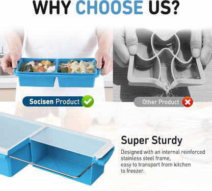 Silicone Freezer Tray With Lid Soup Freezer Container Molds with Steel Reinforced Rim Ice Cube Freezer Molds for Soup, Sauce, Leftovers, Homemade Meal Prep Containers Portion Control Food Storage