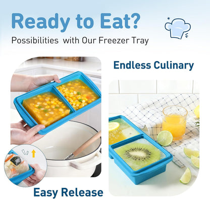Silicone Freezer Tray With Lid Soup Freezer Container Molds with Steel Reinforced Rim Ice Cube Freezer Molds for Soup, Sauce, Leftovers, Homemade Meal Prep Containers Portion Control Food Storage