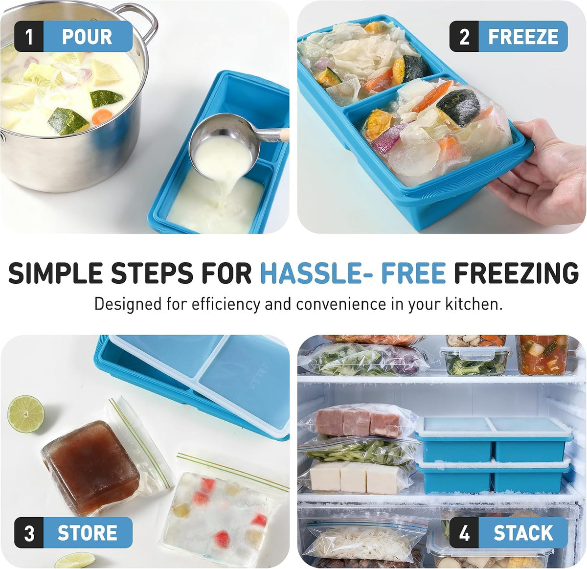 Silicone Freezer Tray With Lid Soup Freezer Container Molds with Steel Reinforced Rim Ice Cube Freezer Molds for Soup, Sauce, Leftovers, Homemade Meal Prep Containers Portion Control Food Storage