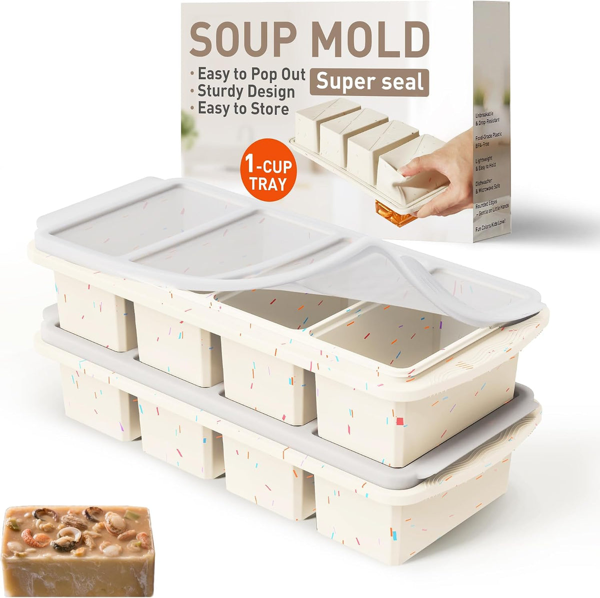 Silicone Freezer Tray With Lid Soup Freezer Container Molds with Steel Reinforced Rim Ice Cube Freezer Molds for Soup, Sauce, Leftovers, Homemade Meal Prep Containers Portion Control Food Storage