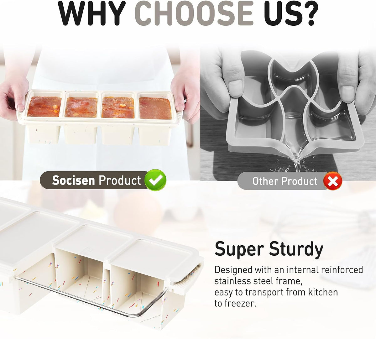 Silicone Freezer Tray With Lid Soup Freezer Container Molds with Steel Reinforced Rim Ice Cube Freezer Molds for Soup, Sauce, Leftovers, Homemade Meal Prep Containers Portion Control Food Storage