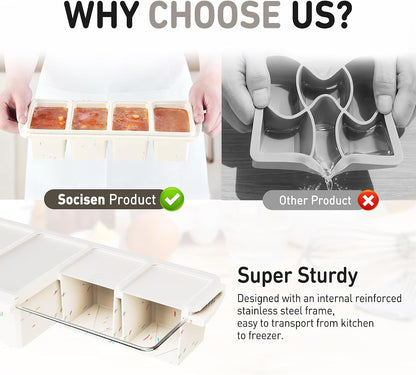 Silicone Freezer Tray With Lid Soup Freezer Container Molds with Steel Reinforced Rim Ice Cube Freezer Molds for Soup, Sauce, Leftovers, Homemade Meal Prep Containers Portion Control Food Storage