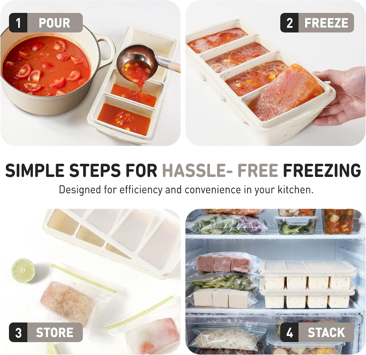 Silicone Freezer Tray With Lid Soup Freezer Container Molds with Steel Reinforced Rim Ice Cube Freezer Molds for Soup, Sauce, Leftovers, Homemade Meal Prep Containers Portion Control Food Storage
