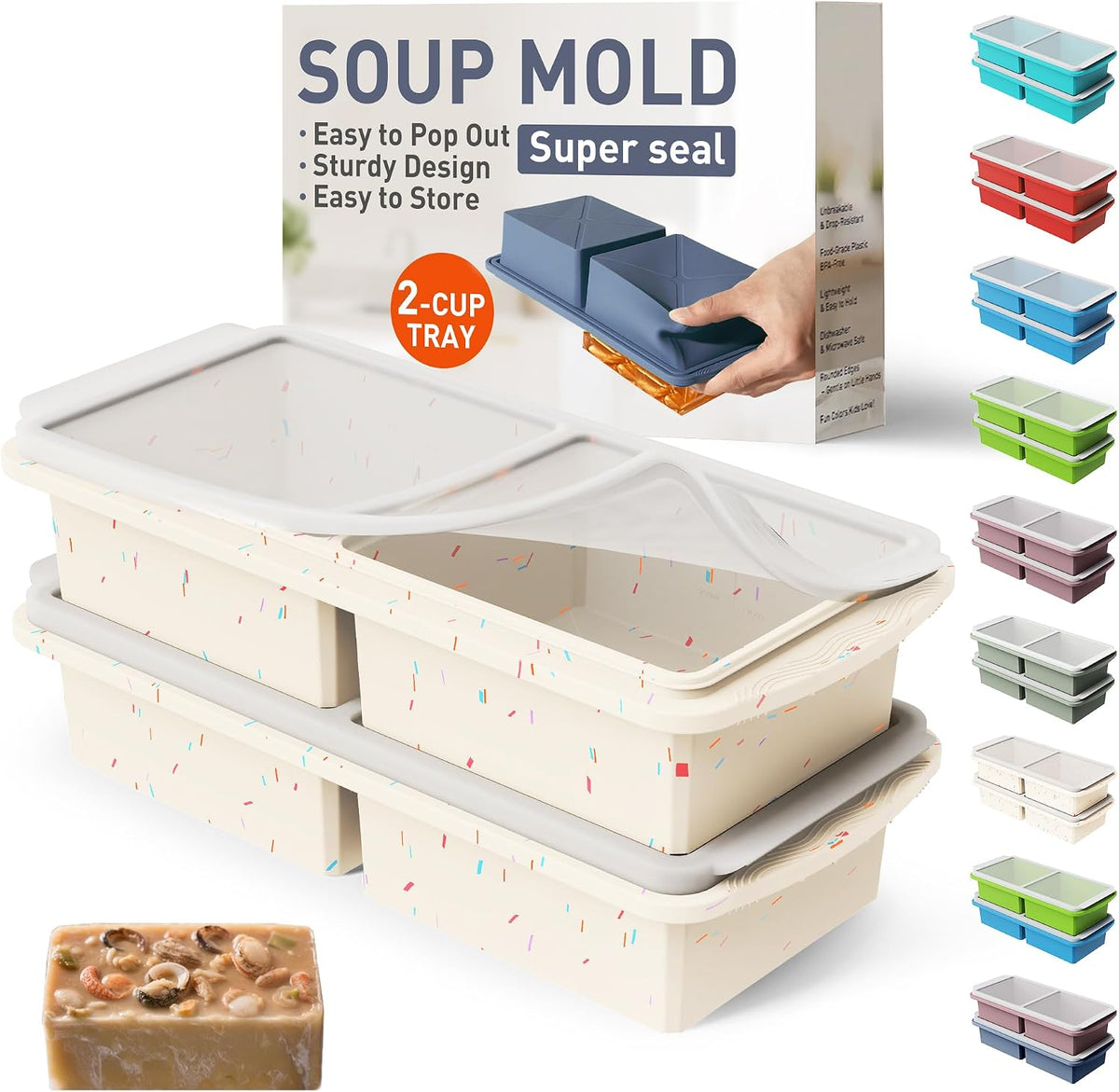 Silicone Freezer Tray With Lid Soup Freezer Container Molds with Steel Reinforced Rim Ice Cube Freezer Molds for Soup, Sauce, Leftovers, Homemade Meal Prep Containers Portion Control Food Storage