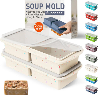 Silicone Freezer Tray With Lid Soup Freezer Container Molds with Steel Reinforced Rim Ice Cube Freezer Molds for Soup, Sauce, Leftovers, Homemade Meal Prep Containers Portion Control Food Storage