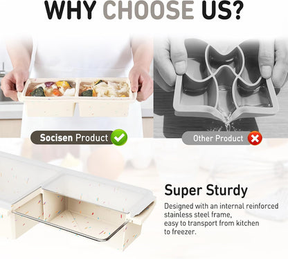 Silicone Freezer Tray With Lid Soup Freezer Container Molds with Steel Reinforced Rim Ice Cube Freezer Molds for Soup, Sauce, Leftovers, Homemade Meal Prep Containers Portion Control Food Storage