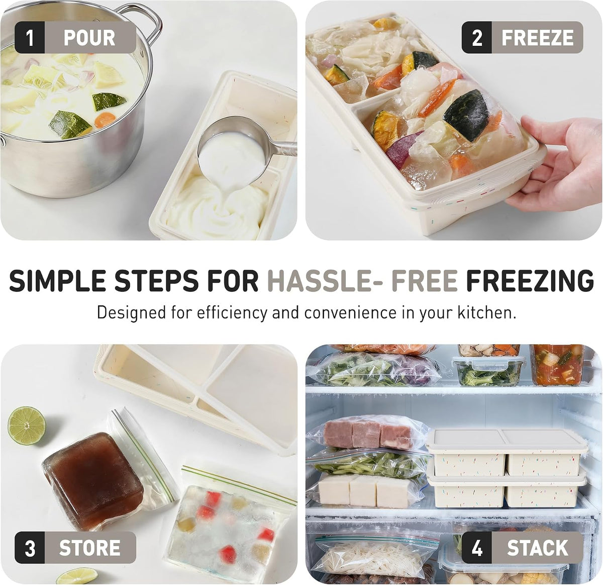 Silicone Freezer Tray With Lid Soup Freezer Container Molds with Steel Reinforced Rim Ice Cube Freezer Molds for Soup, Sauce, Leftovers, Homemade Meal Prep Containers Portion Control Food Storage