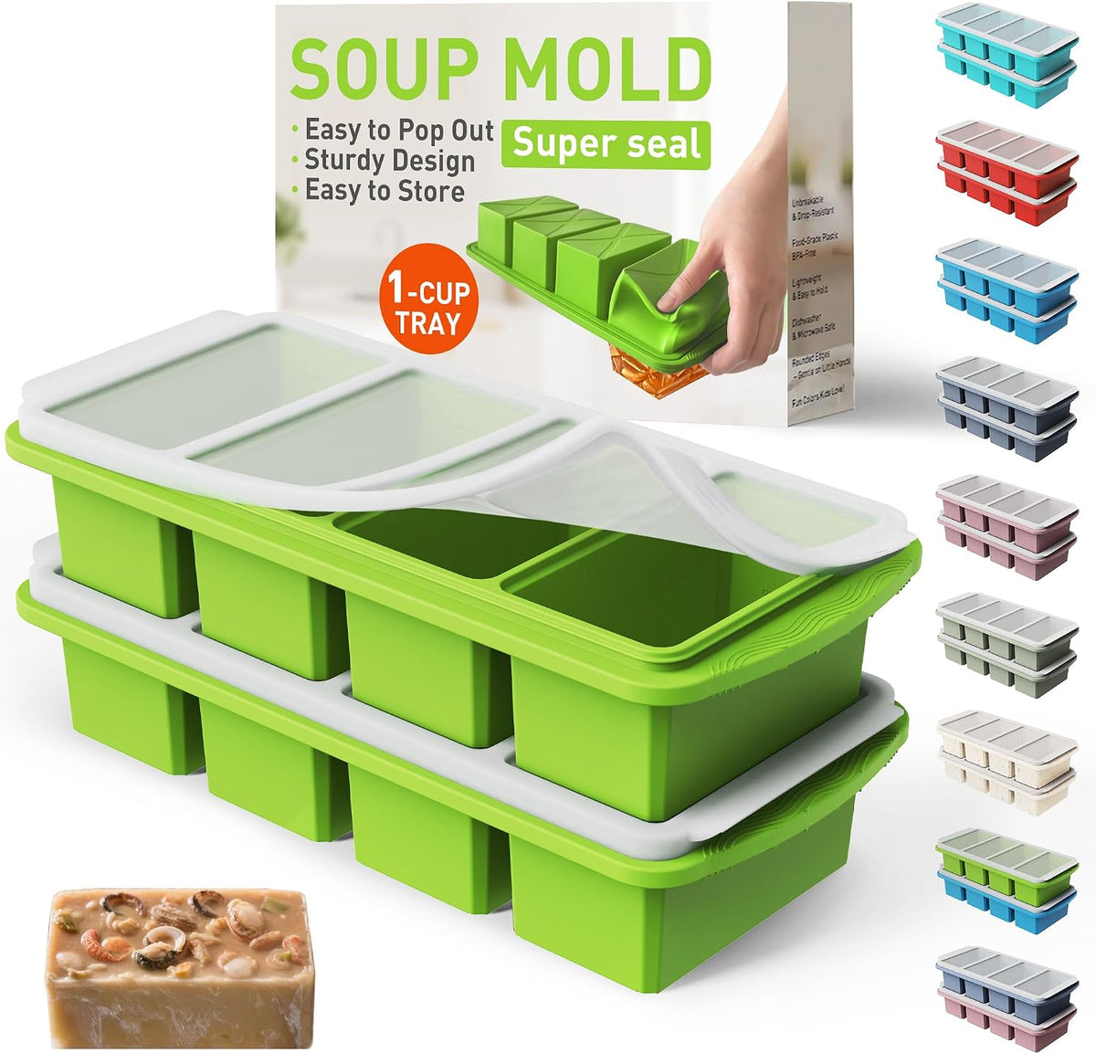 Silicone Freezer Tray With Lid Soup Freezer Container Molds with Steel Reinforced Rim Ice Cube Freezer Molds for Soup, Sauce, Leftovers, Homemade Meal Prep Containers Portion Control Food Storage