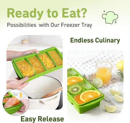 Silicone Freezer Tray With Lid Soup Freezer Container Molds with Steel Reinforced Rim Ice Cube Freezer Molds for Soup, Sauce, Leftovers, Homemade Meal Prep Containers Portion Control Food Storage