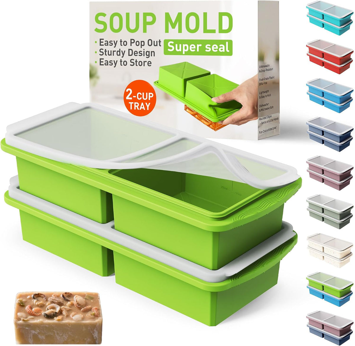 Silicone Freezer Tray With Lid Soup Freezer Container Molds with Steel Reinforced Rim Ice Cube Freezer Molds for Soup, Sauce, Leftovers, Homemade Meal Prep Containers Portion Control Food Storage