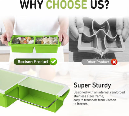 Silicone Freezer Tray With Lid Soup Freezer Container Molds with Steel Reinforced Rim Ice Cube Freezer Molds for Soup, Sauce, Leftovers, Homemade Meal Prep Containers Portion Control Food Storage