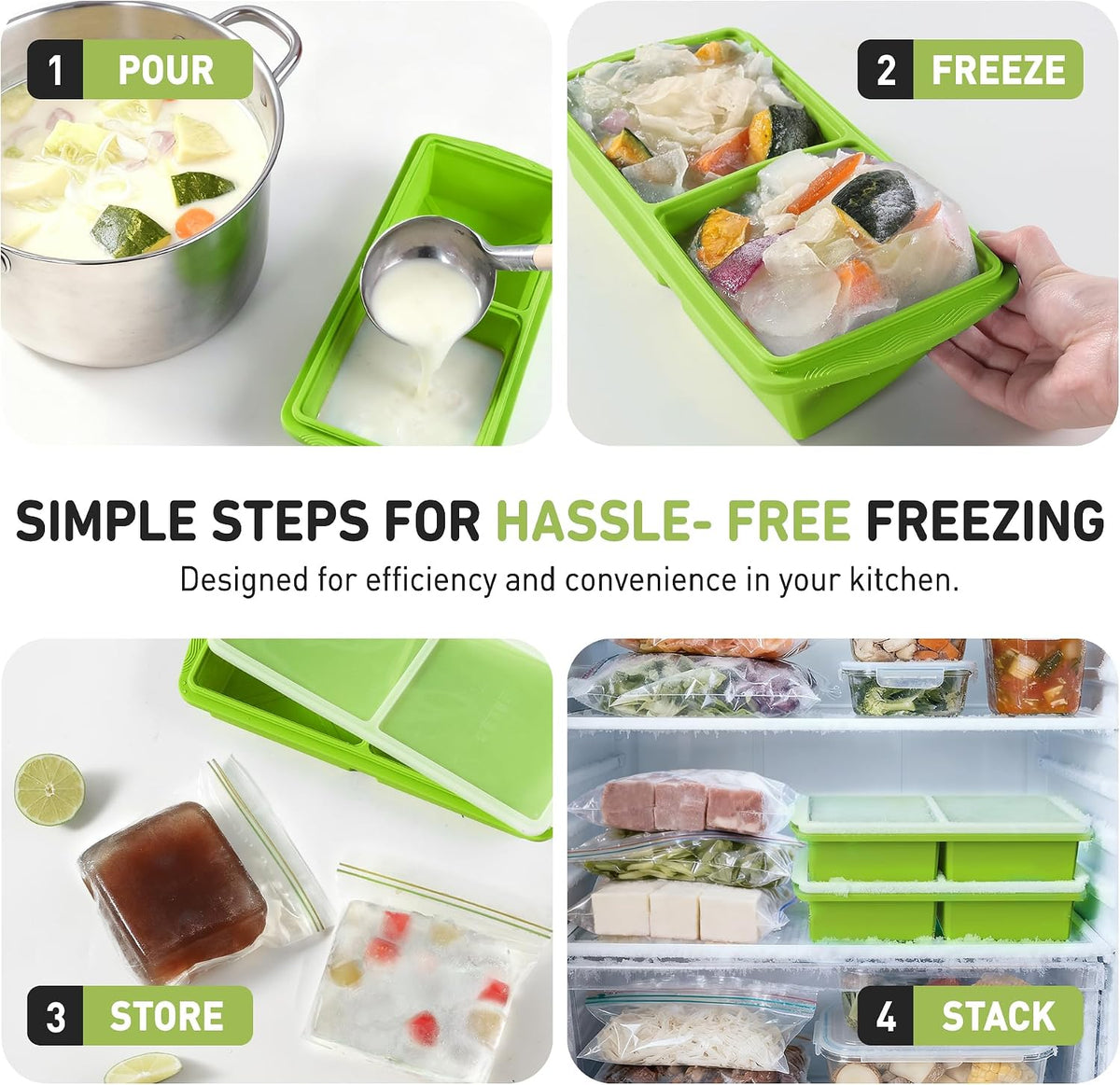 Silicone Freezer Tray With Lid Soup Freezer Container Molds with Steel Reinforced Rim Ice Cube Freezer Molds for Soup, Sauce, Leftovers, Homemade Meal Prep Containers Portion Control Food Storage