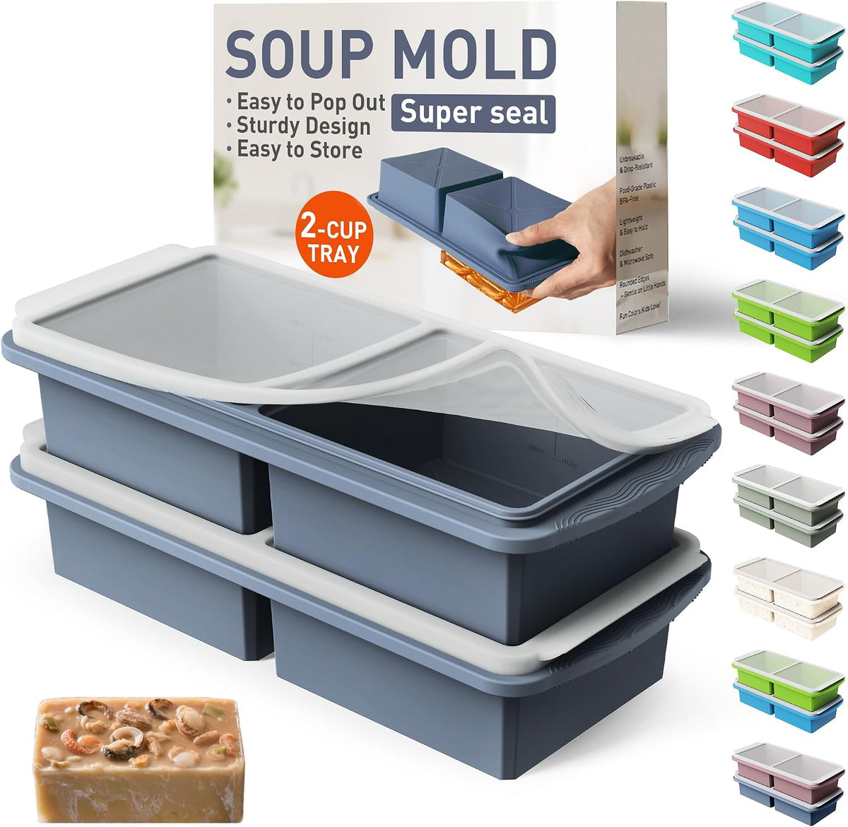 Silicone Freezer Tray With Lid Soup Freezer Container Molds with Steel Reinforced Rim Ice Cube Freezer Molds for Soup, Sauce, Leftovers, Homemade Meal Prep Containers Portion Control Food Storage