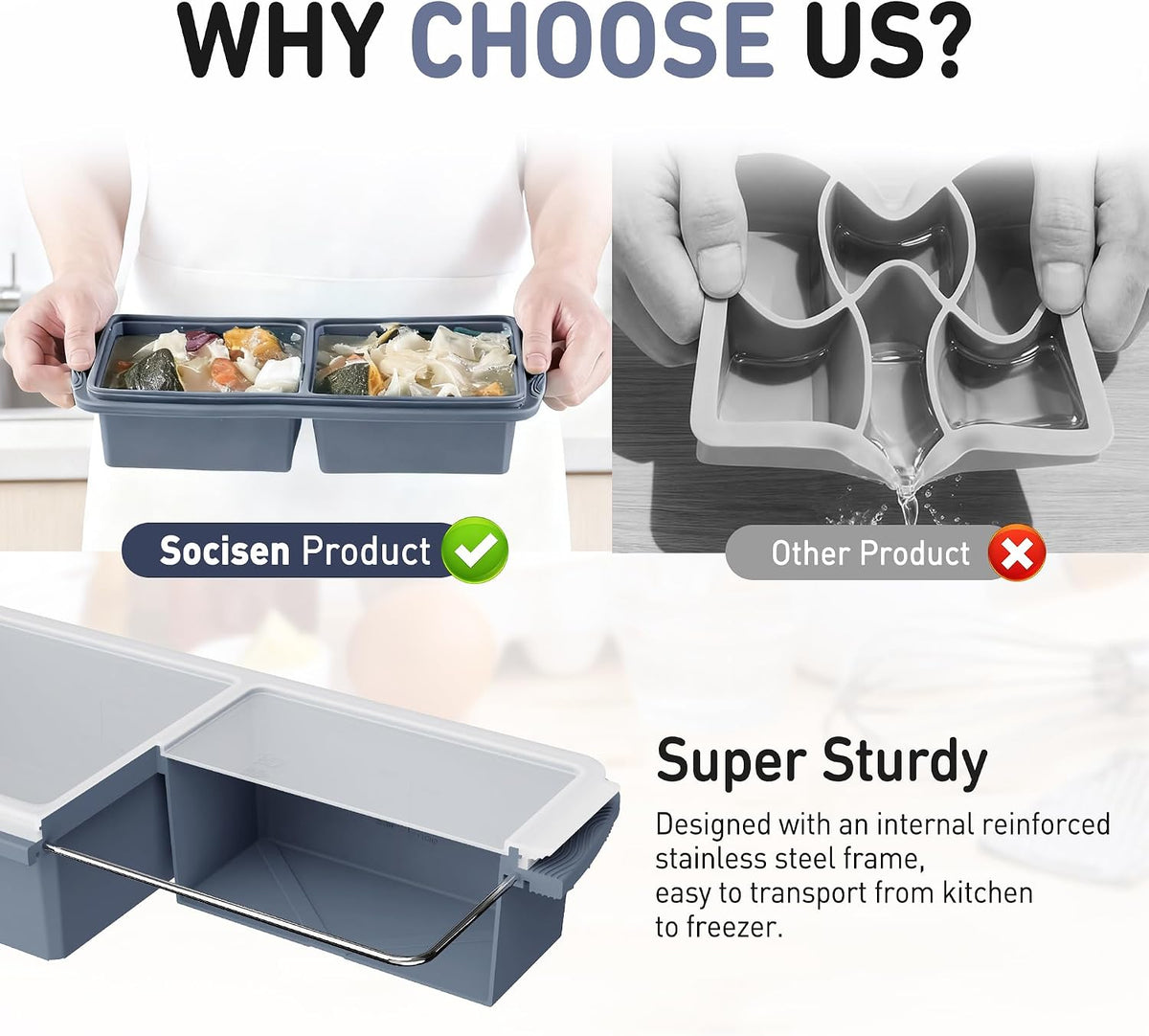 Silicone Freezer Tray With Lid Soup Freezer Container Molds with Steel Reinforced Rim Ice Cube Freezer Molds for Soup, Sauce, Leftovers, Homemade Meal Prep Containers Portion Control Food Storage