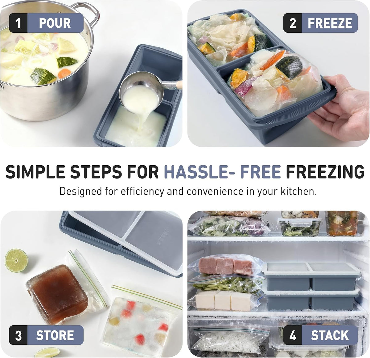 Silicone Freezer Tray With Lid Soup Freezer Container Molds with Steel Reinforced Rim Ice Cube Freezer Molds for Soup, Sauce, Leftovers, Homemade Meal Prep Containers Portion Control Food Storage