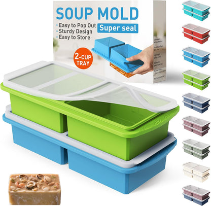 Silicone Freezer Tray With Lid Soup Freezer Container Molds with Steel Reinforced Rim Ice Cube Freezer Molds for Soup, Sauce, Leftovers, Homemade Meal Prep Containers Portion Control Food Storage