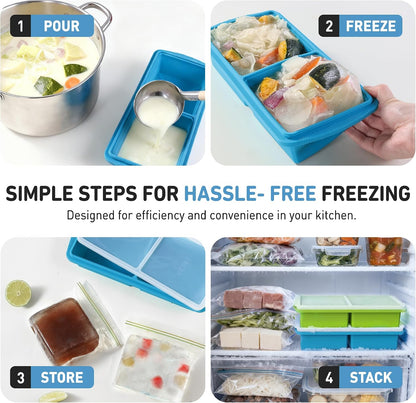 Silicone Freezer Tray With Lid Soup Freezer Container Molds with Steel Reinforced Rim Ice Cube Freezer Molds for Soup, Sauce, Leftovers, Homemade Meal Prep Containers Portion Control Food Storage