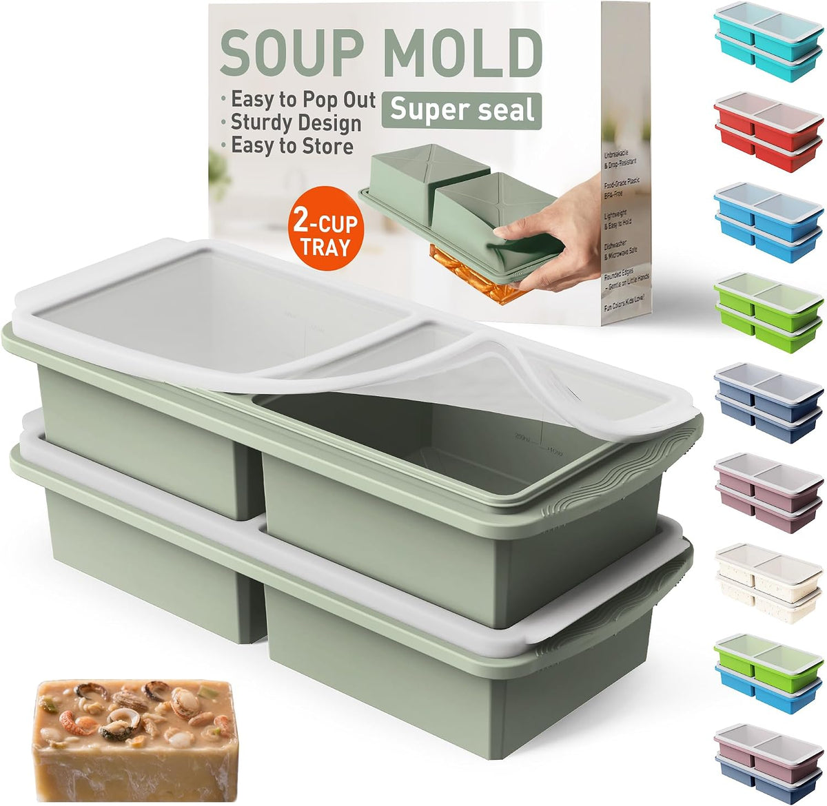Silicone Freezer Tray With Lid Soup Freezer Container Molds with Steel Reinforced Rim Ice Cube Freezer Molds for Soup, Sauce, Leftovers, Homemade Meal Prep Containers Portion Control Food Storage