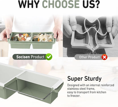Silicone Freezer Tray With Lid Soup Freezer Container Molds with Steel Reinforced Rim Ice Cube Freezer Molds for Soup, Sauce, Leftovers, Homemade Meal Prep Containers Portion Control Food Storage